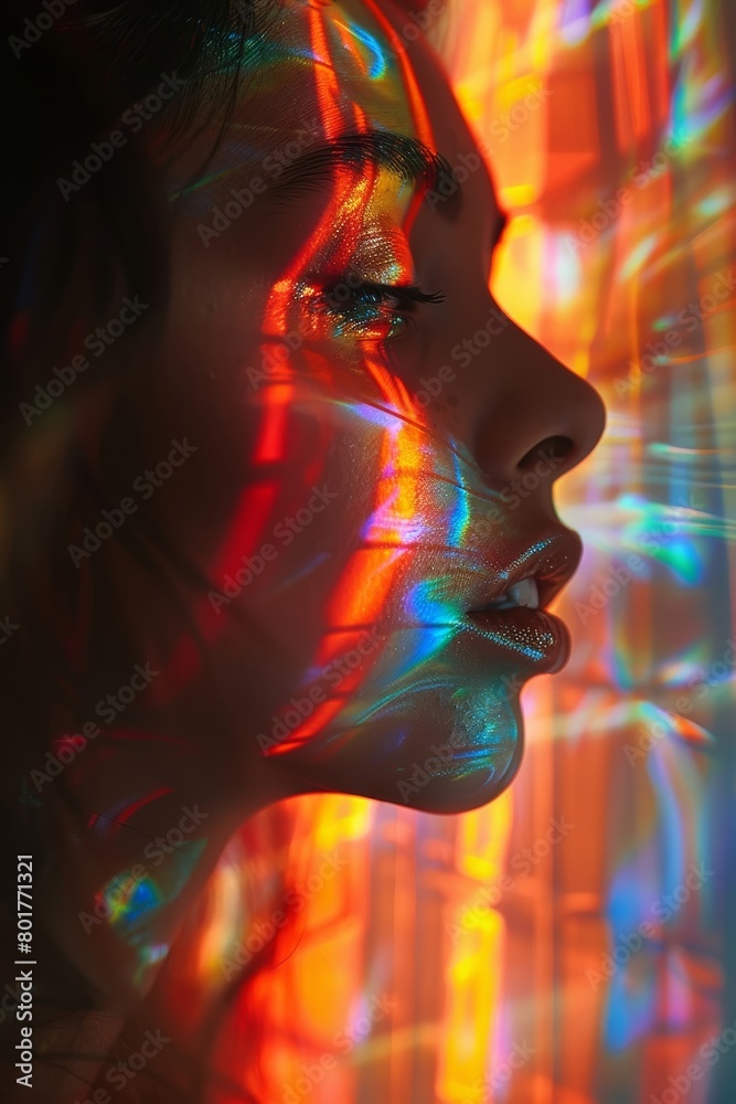 The colorful background highlights the woman's face as it is projected onto the wall.