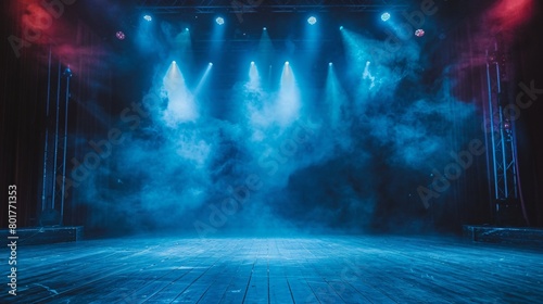 Theatre Stage, A dramatic scene on a theatrical stage, actors performing under bright spotlights, captivating the audience.