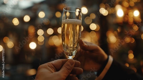 A hand holding a tall glass of bubbly zeroalcohol champagne a staple beverage in a Frenchstyle evening aperitif.
