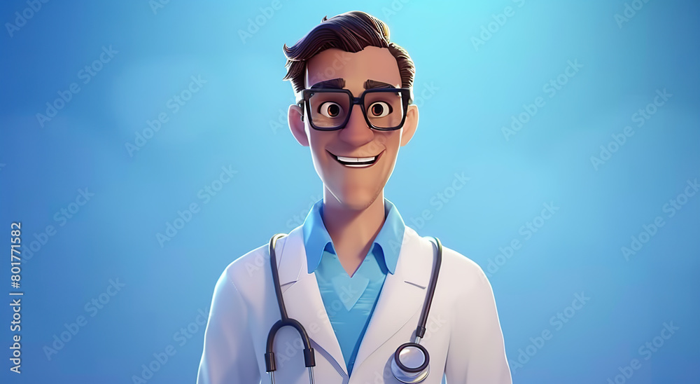 A 3D style male doctor wearing a stethoscope, smiling and crossing his hands at the chest A 3D style male doctor wearing a stethoscope, smiling and crossing his hands at the chest