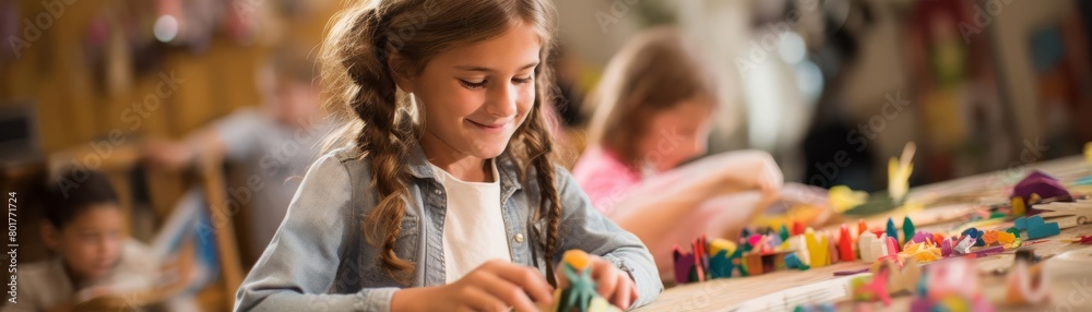 Little girl playing with blocks in preschool.