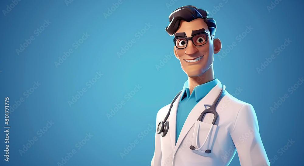A 3D style male doctor wearing a stethoscope, smiling and crossing his hands at the chest A 3D style male doctor wearing a stethoscope, smiling and crossing his hands at the chest