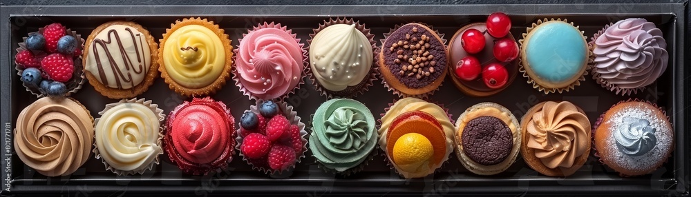 A variety of vibrant pastries in a present box, A variety of vibrant pastries in a present box,