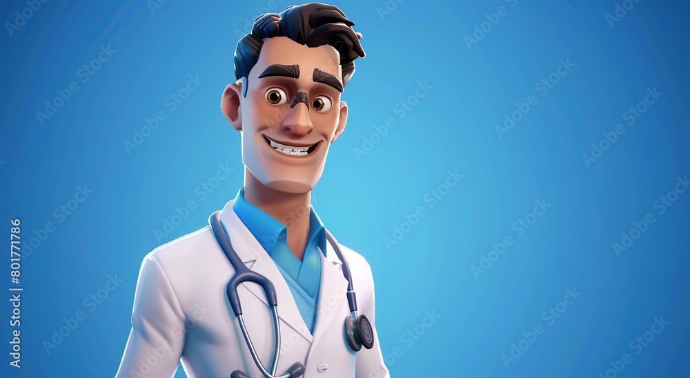 A 3D style male doctor wearing a stethoscope, smiling and crossing his hands at the chest