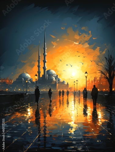 Ai Generative Watercolor Islamic background of a mosque at night