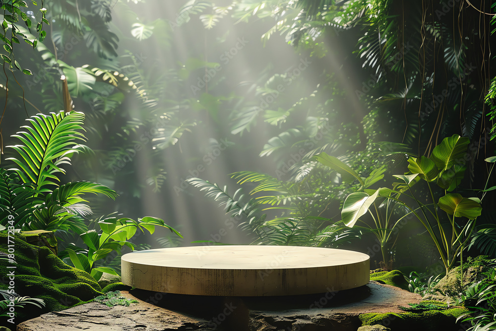 A serene forest setting featuring a wooden platform surrounded by vibrant foliage and soft sunlight filtering through the trees A serene forest setting featuring a wooden platform surrounded by vibrant foliage and soft sunlight filtering through the trees