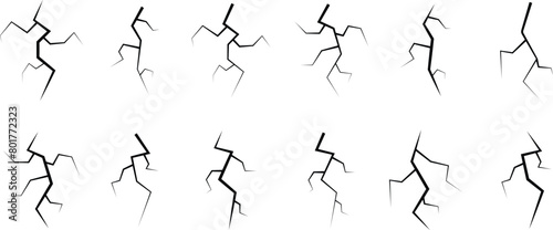 Set of Crack Shapes icons. Black lightning bolts. Hand drawn cracked glass, wall, ground. Thunder and lightning storm effects. Doodle break Vectors of natural phenomena on transparent background.