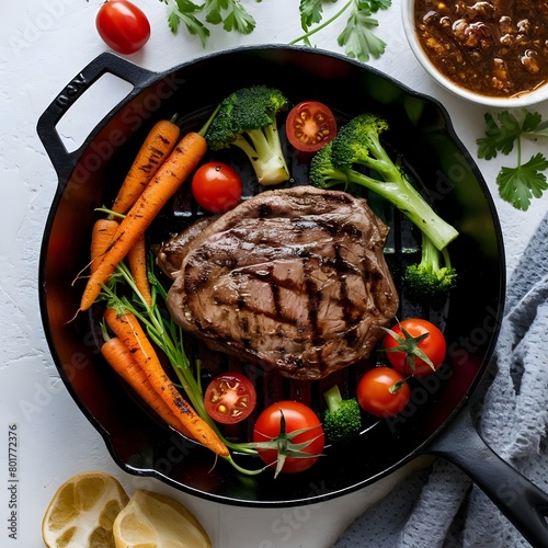 rilled beef steak with grilled vegetables, with carrots, cherry tomatoes on table photo