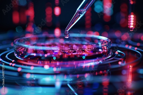 A dropper pipetting a solution into a culture dish surrounded by strands of nucleic acids reflects the complexity of genetic research. AI generated. photo