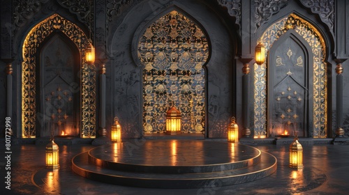 Ai Generative photo of a flat podium with ramadan lantern and Islamic decorations on the walls