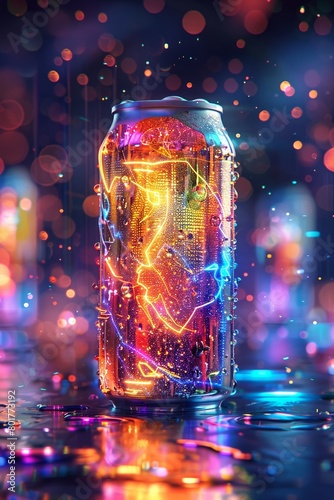 The futuristic beer label is designed with vibrant neon hues and captivating holographic details.