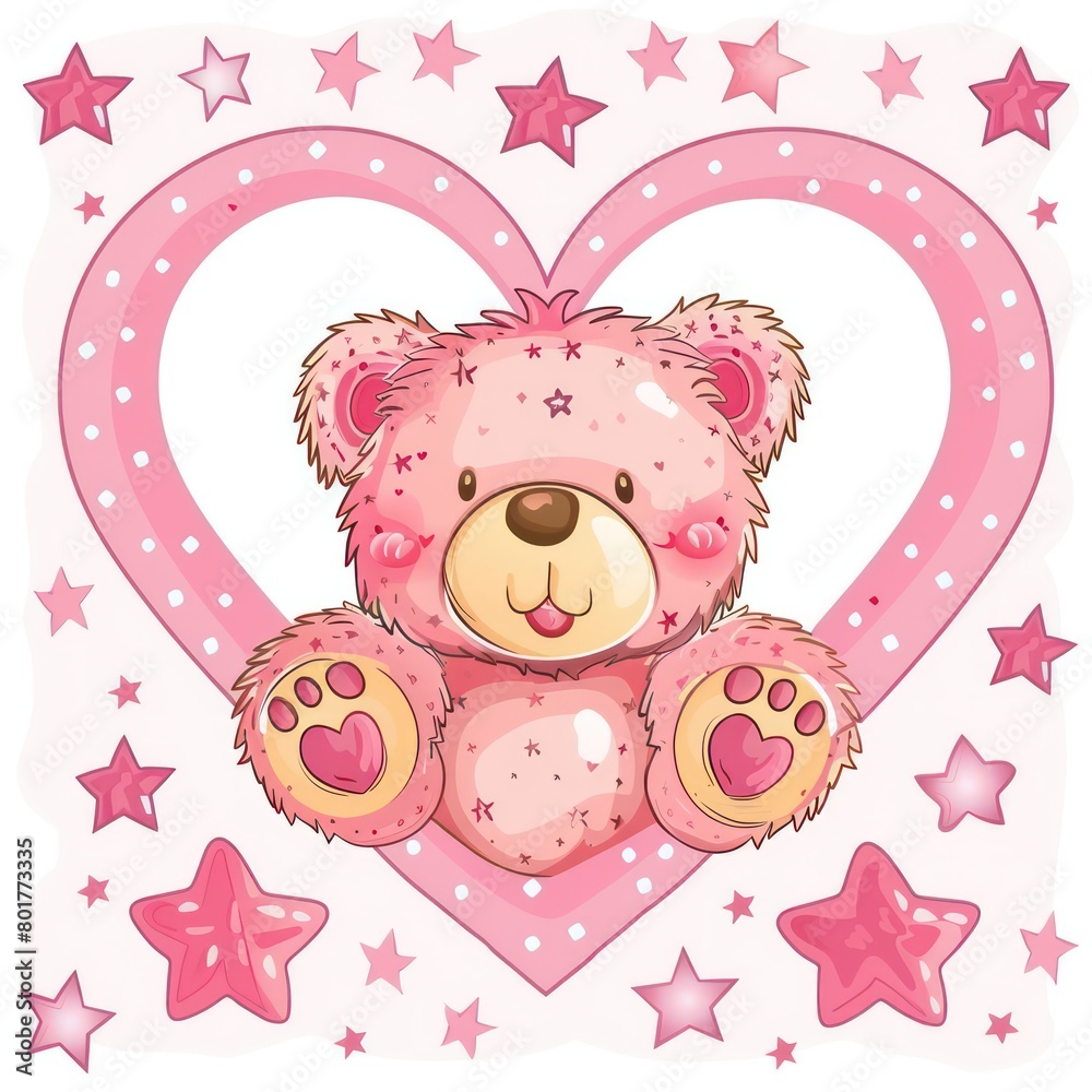 cute bear, pink heart and stars at white background