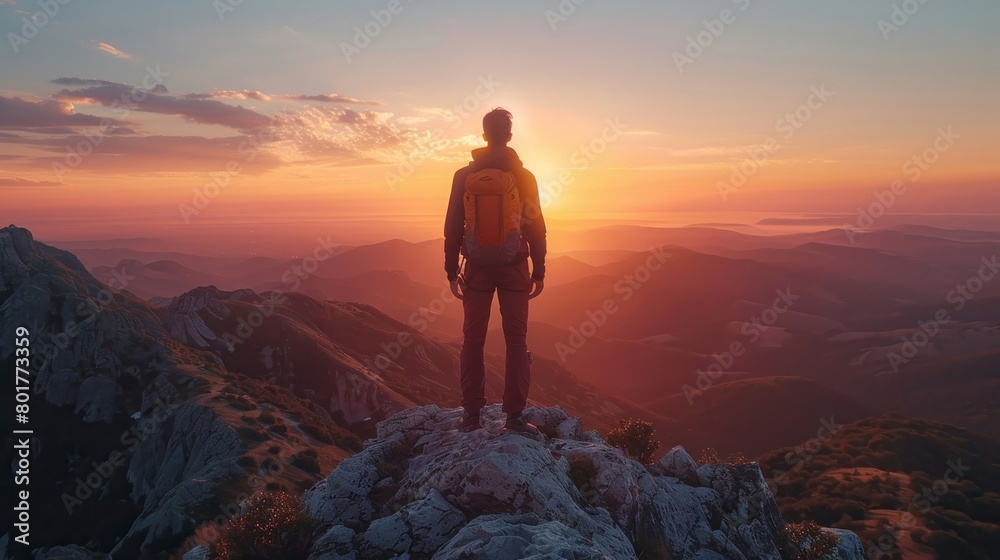 Fototapeta premium A lone hiker stands triumphantly atop a rugged mountain at twilight, relishing the beauty of his journey and the sense of liberation, gazing at the setting sun on the distant horizon.