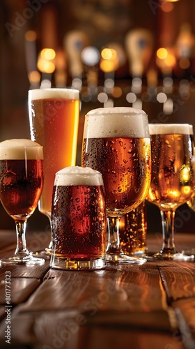 Varied beer glasses of different shapes and sizes arrayed on a pub table, foam trickling down their sides, capturing the spirit of social drinking.