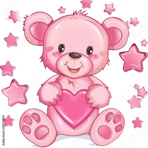 cute bear  pink heart and stars at white background