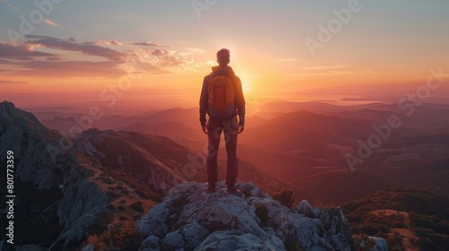 A lone hiker stands triumphantly atop a rugged mountain at twilight, relishing the beauty of his journey and the sense of liberation, gazing at the setting sun on the distant horizon.