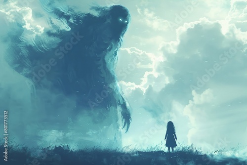 A massive spirit materialized from an alternate reality and extended its hand towards the young kid, showcasing a digital artwork approach in painting.