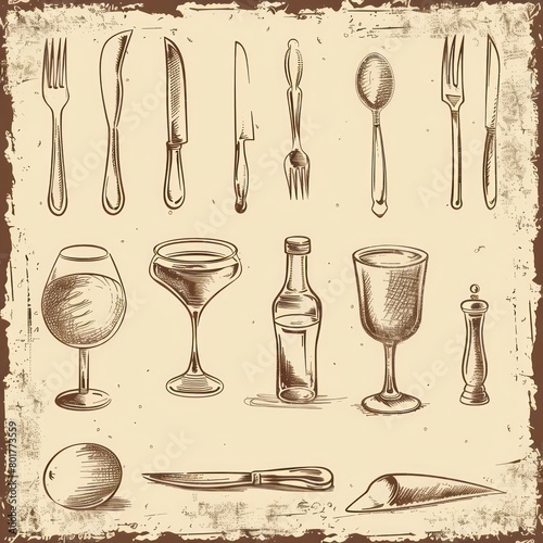 restaurant food menus design with forks, spoons, bottles and contrails