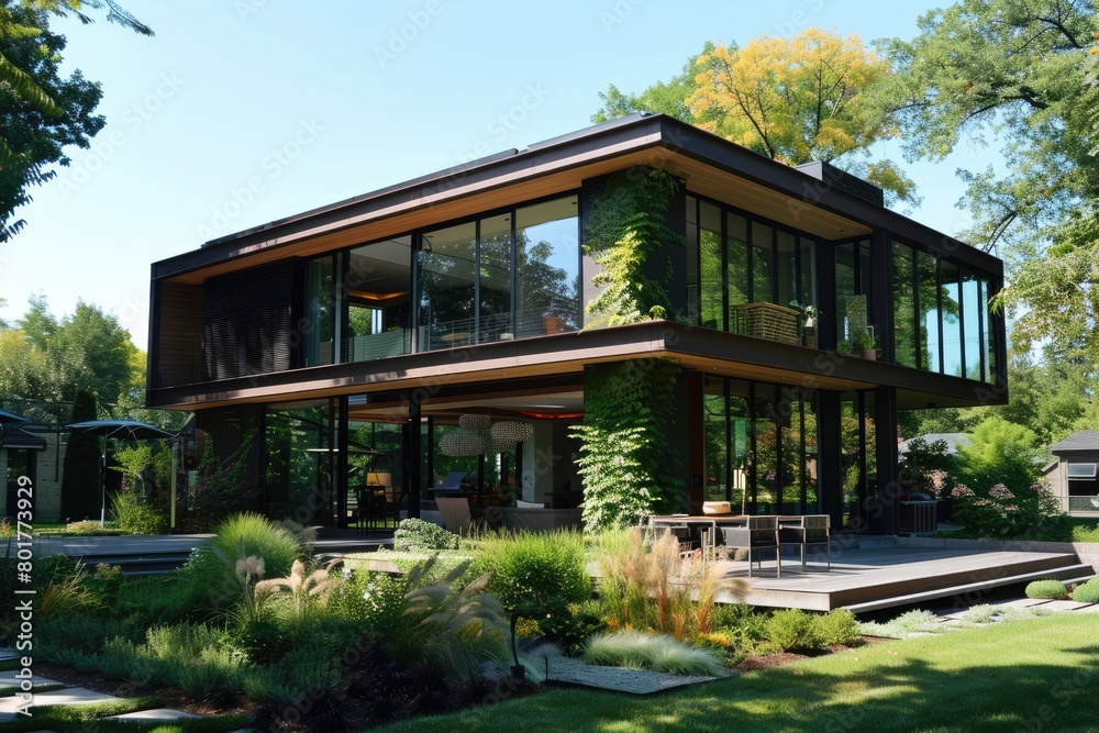 Exterior view of a sleek, minimalistic eco-home, featuring expansive glass windows and a lush green tree, green energy solutions 