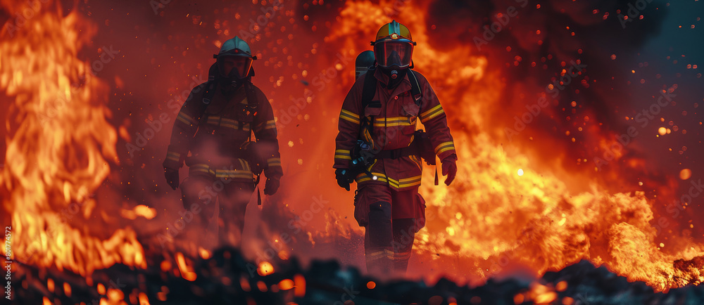 Two firefighters in full gear facing a massive fire at night with flying sparks. Two firefighters in full gear facing a massive fire at night with flying sparks.