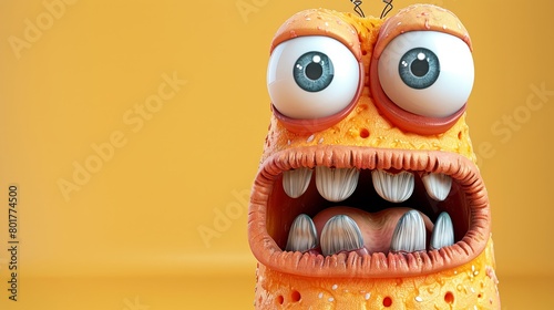 A cartoon figure featuring exaggeratedly large eyes and a humorously oversized mouth