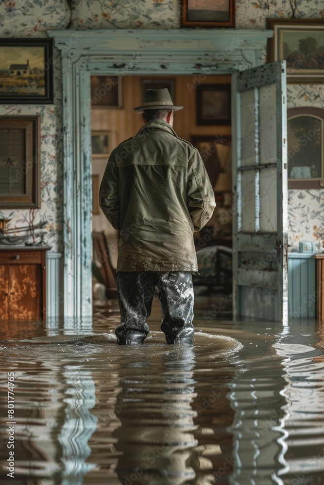 The person wearing rubber boots is standing in a house that is flooded with water. The person wearing rubber boots is standing in a house that is flooded with water.