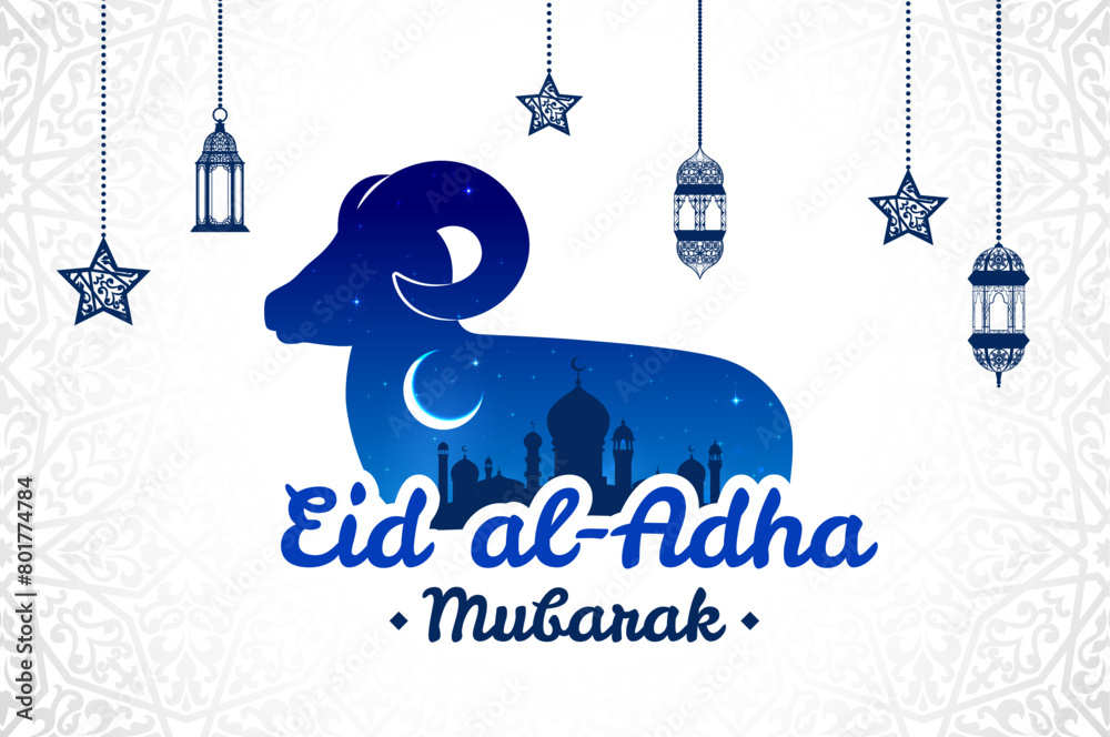 Eid Al Adha Mubarak and Ramadan Kareem vector banner for Muslim holidays with lamb sheep. Eid Al Adha Mubarak greeting with mosque silhouette and crescent moon, stars and Arabian lanterns ornament Eid Al Adha Mubarak and Ramadan Kareem vector banner for Muslim holidays with lamb sheep. Eid Al Adha Mubarak greeting with mosque silhouette and crescent moon, stars and Arabian lanterns ornament
