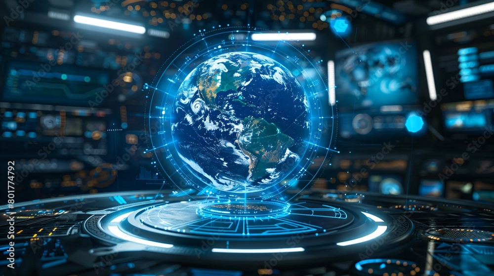 Obraz premium Virtual Reality Interface with Holographic Globe, Interactive Earth Sciences Tool