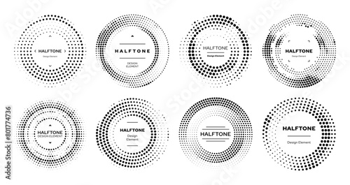 Circle half tone or round dots halftone elements with pattern background, abstract vector. Halftone circles for graphic design elements with black dots in geometric half tone gradation or round frames photo