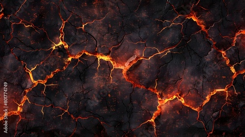 Glowing Cracks of Molten Lava on Scorched Textured Background Perfect for Fiery Overlays and Textures