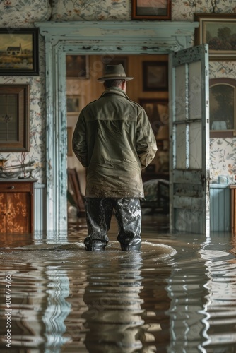 The person wearing rubber boots is standing in a house that is flooded with water.