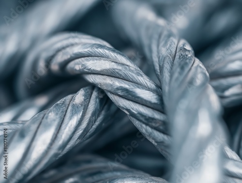 Macro shot of intertwined steel ropes, highlighting strength and reliability with a cool tone.