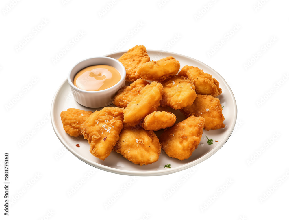 A plate of chicken nuggets with a side of dipping sauce, presented neatly, isolated on a transparent background. Generative AI