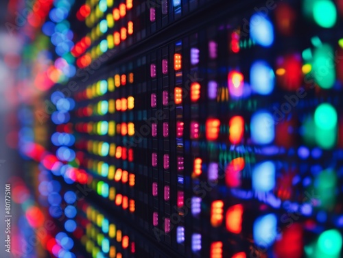 Close-up of a server rack with multicolored LED lights symbolizing network activity, data processing and technology.