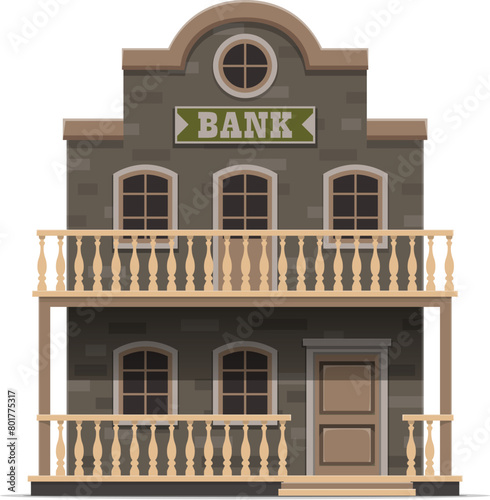 Western bank building, wild west. Isolated vector old american town wooden architecture facade. Country financial establishment with large windows, terrace, balusters and central entrance with a porch