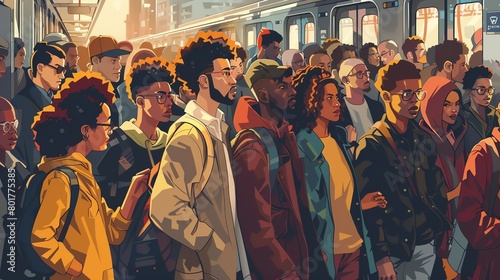 illustration of people queuing to get on the train photo