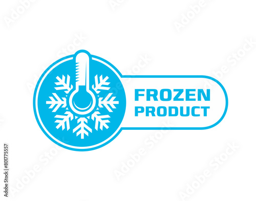 Frozen food product icon, ice crystal label or badge. Isolated vector sticker, features snowflake or frost and thermometer symbol for packages or frosty cold preservation items in blue or white colors