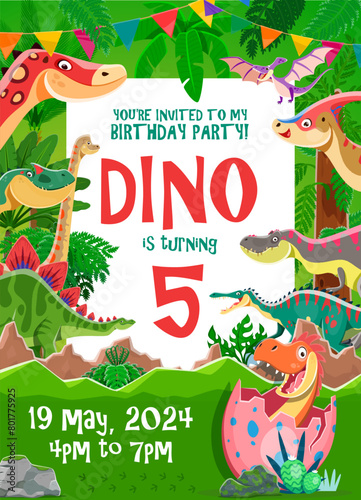 Kids birthday party flyer with cartoon funny dinosaurs on tropical forest vector background. Cute tyrannosaurus, pterodactyl, spinosaurus and brachiosaurus dino animals with baby dinosaur in egg shell