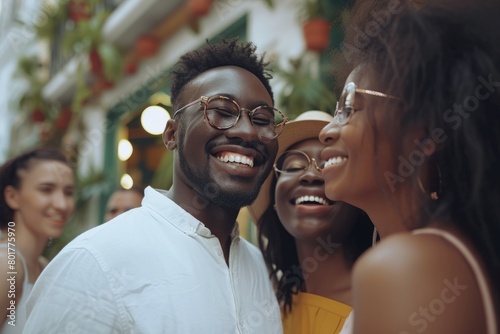 Happy african american man and women in eyeglasses smiling and looking at each other while walking in city