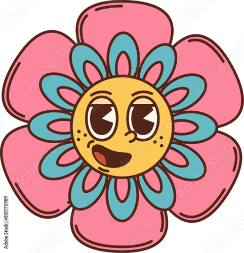 Cartoon retro groovy flower. Isolated vector vibrant, psychedelic daisy featuring vintage-styled swirling and colorful petals. Pink summer garden bloom evoking the spirit of 60s and 70s counterculture