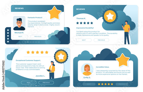 Testimony review templates of customer feedback and opinion message with rating stars, vector layouts. Client testimony or experience review message with citation frames for social media or website