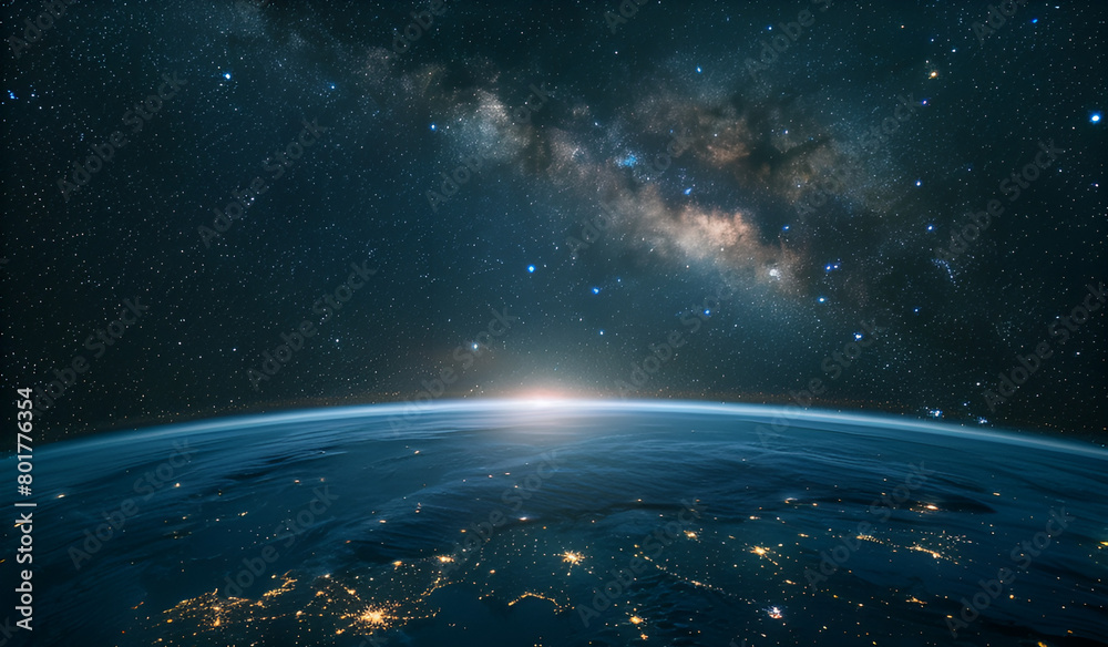 The horizon of the Earth floating in space shines in the darkness The horizon of the Earth floating in space shines in the darkness