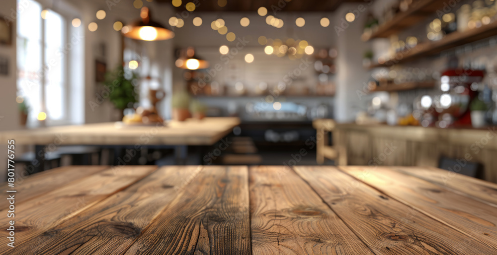 Warm and inviting blurry background of a cafe interior with wooden elements and soft lighting, creating a cozy atmosphere.