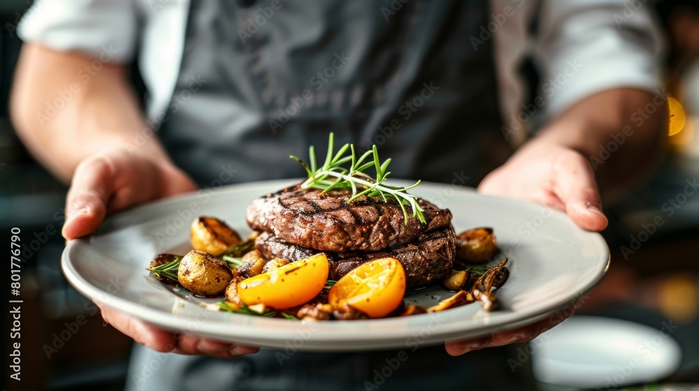 Professional chef holding a plate with a perfectly grilled steak accompanied by roasted vegetables.
