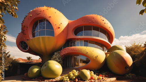 Organic fruit-shaped house embedded into the sky, architectural photography, style of architecture, modernist architecture, warm sunlight, photo real, real photography