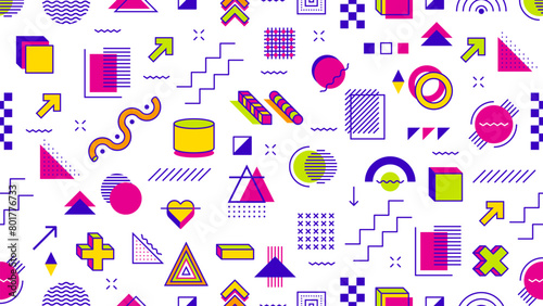 Abstract geometric Memphis seamless pattern of simple line shapes, vector background. Modern or retro Memphis pattern background of minimal geometric figures and isometric elements or halftone dots