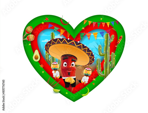 Love Mexico paper cut banner with chili pepper character in sombrero, vector heart shape. Mexican holiday fiesta festival banner with mariachi chili pepper with maracas, avocado and cactus paper cut