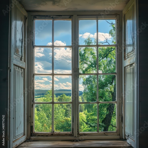 square window with a beautiful view outside