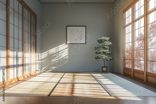 Empty traditional japanese room with tatami mat floor, wood shoji window in sunlight for east asian interior design decoration © Zoraiz