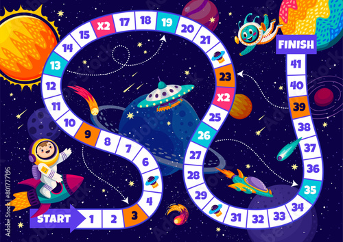 Kids board step game with kid astronaut and space planets. Vector boardgame worksheet with snake path, numbers and cartoon cosmonaut character on rocket, ufo and alien. Educational children riddle